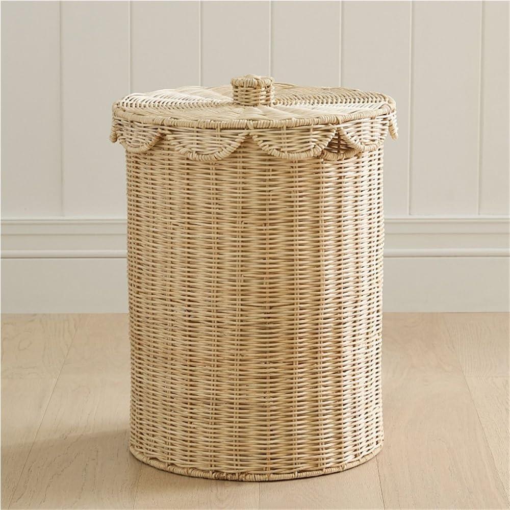 Woven Rattan Storage Basket with Lid, Round Laundry Hamper with Metal Frame, One Size