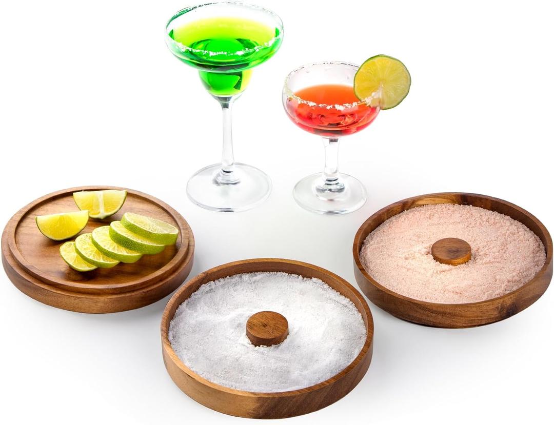 Nucookery 3-Tier Wood Bar Glass Rimmer, 5.6" Margarita Salt Rimmer Set, Sugar and Salt Rimmer Tray for Juice Cocktails, Bartender Bar Party Tool, Drinks Bar Accessories Box for Home Bar (Acacia Wood)