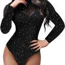 Women's Rhinestone Bodysuit Sheer Mesh Glitter Body Suit Tops Shirts Leotards (#26 Black)