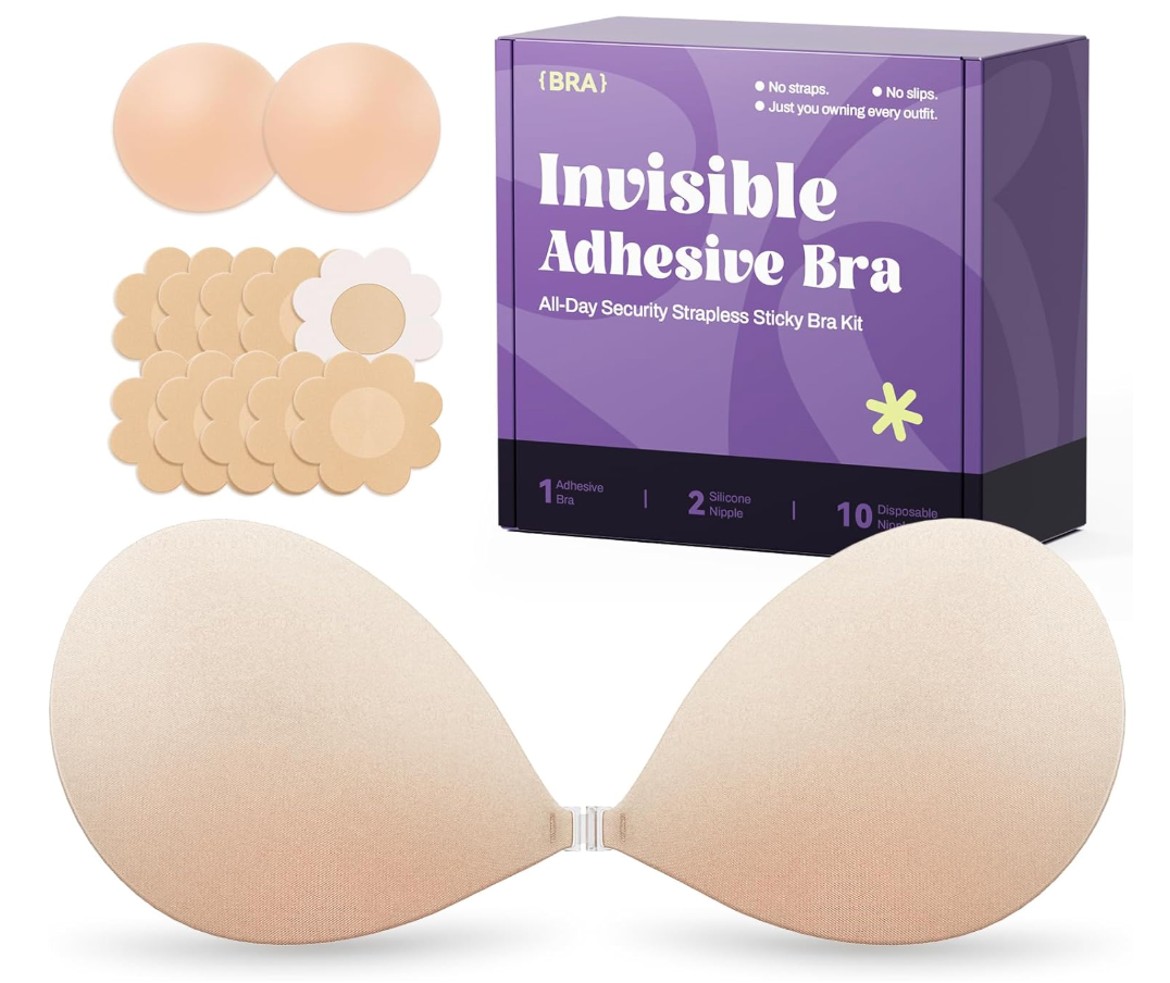 Invisible Strapless Sticky Bra Push up for Women, Ultra Adhesive Bra for Backless Dress, Cleavage Bra Lift Novelty Bras (B Cup, Light Beige)