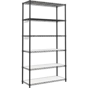 SONGMICS 6-Tier Storage Shelves, Wire Shelving Unit, Kitchen Metal Shelves, Storage Rack with Adjustable Shelves, Shelf Liners, 8 Hooks, for Garage, 13.8 x 35.4 x 69.7 Inches, Black ULGR096B01