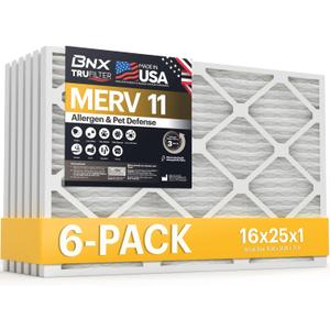 BNX TruFilter 16x25x1 Air Filter MERV 11 (6-Pack) - MADE IN USA - Allergen Defense Electrostatic Pleated Air Conditioner HVAC AC Furnace Filters for Allergies, Dust, Pet, Smoke, Allergy MPR 1200 FPR 7