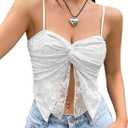 Women's Y2K Lace Spaghetti Strap Cami Top Casual Twist Front Sleeveless Slim Fit Crop Top Cropper Camisole Tank Top (White)