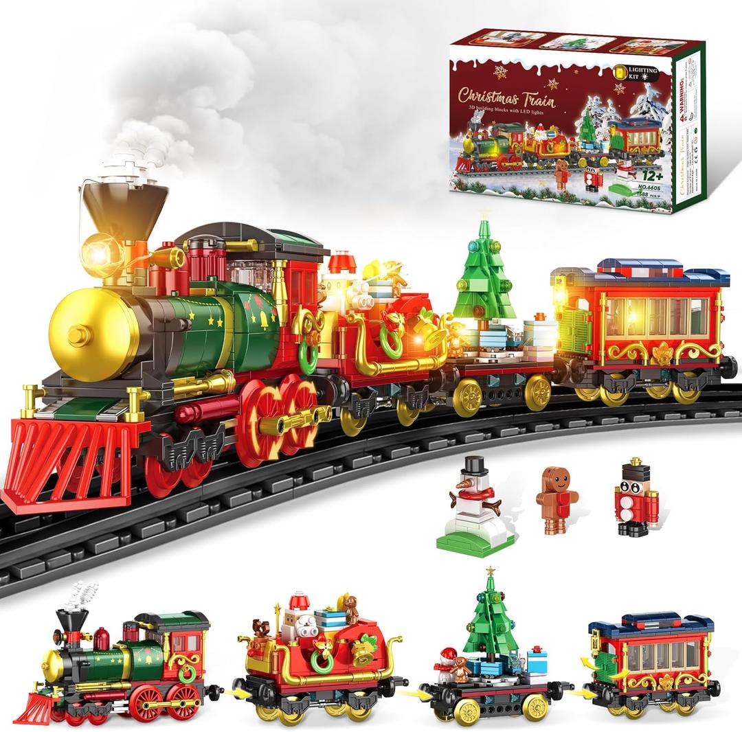 Christmas Train Building Blocks for Kids, Christmas Train 2024 Collectible Holiday Building Block Home Decor with Light, Tabletop for Boys, Girls and Adults, 1588Pcs