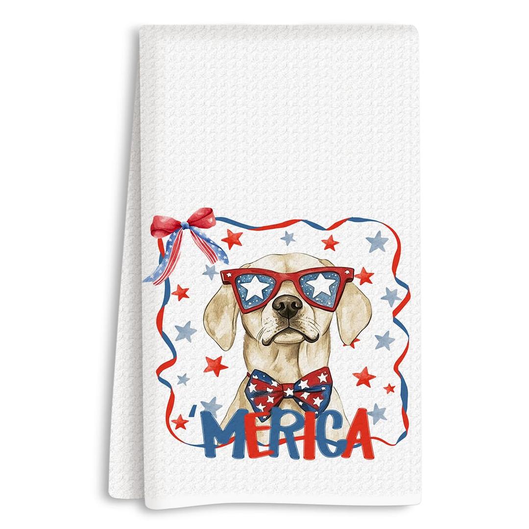 ASDFKVFR 4th of July Kitchen Towels, Dog Kitchen Towels, Independence Day Patriotic Hand Towel, Labrador Retriever Gifts for Women, Independence Day Decorations, Dog Lover Gifts 14x24 Inch