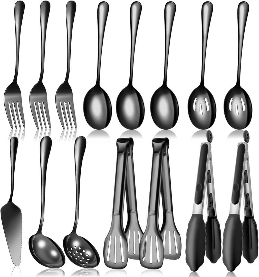 Black Stainless Steel Serving Utensils Set, Large Metal Serving Spoons, Slotted Spoons, Forks, Tongs, Soup Spoons, Skimmer Spoon, Cake Server for Partie, Buffet, Catering, Entertaining 15pcs