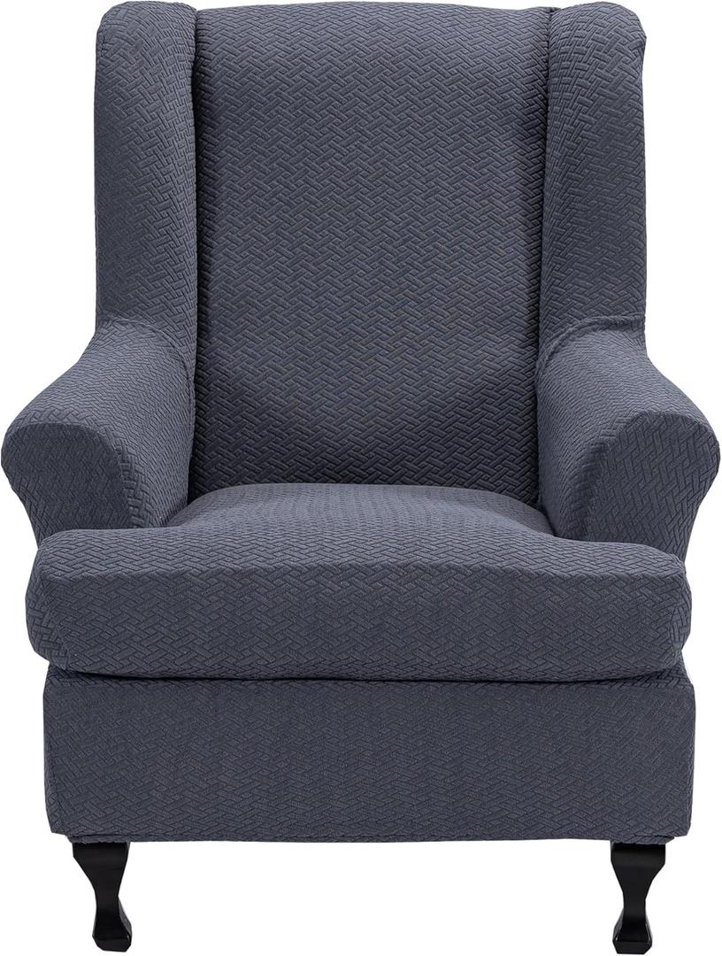 CRFATOP Waterproof Wing Chair Slipcovers 2 Piece Stretch Wingback Chair Cover Spandex Fabric Wingback Armchair Covers with Elastic Bottom for Living Room Bedroom Wingback Chair,A06 (T-jacquard Dark Grey)