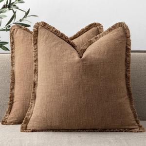 ANRODUO Set of 2 Decorative Throw Pillow Covers 2020 Inch Soft Linen Fringe Boho Farmhouse Vintage Cushion Covers with Tassels Accent Pillowcase for Couch Sofa Bed Living Room Fall Home Decor Brick