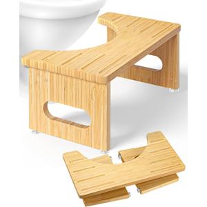 Foldable Toilet Stool, 7 Inches Bamboo Toilet Stool Squat for Adults, Collapsible Poop Stool for Bathroom, Potty Step Stool with Non-Slip Strip (Natural)