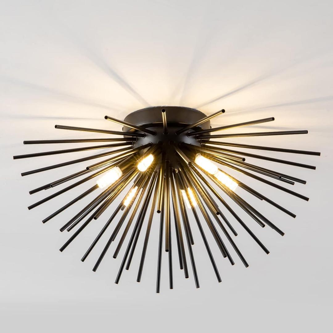 Black Flush Mount Ceiling Lights, Mid Century Starburst Sputnik Chandeliers, 6-Light Close to Ceiling Lighting Fixtures for Bedroom Kitchen Hallway Entryway Closet, G9 Socket