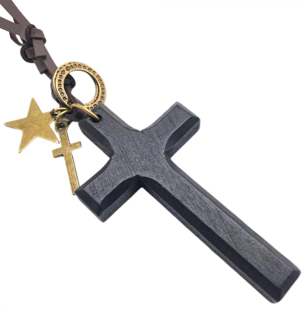 2 x Vintage Wooden Cross Rear View Mirror Accessories, Big Size Cross Car Mirror Charms Safe for Windshields, Cute Car Accessories Hanging Ornament Universal Automotive Interior Decor (Black)