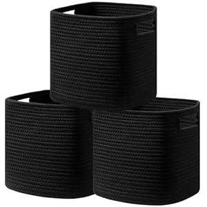 UBBCARE Set of 1 Cotton Rope Basket 13 X 13 X 13 Inches, Woven Storage Baskets for Shelves, Organizing with Handles, Cube Storage Bins for Storage Books, Magazines, Black