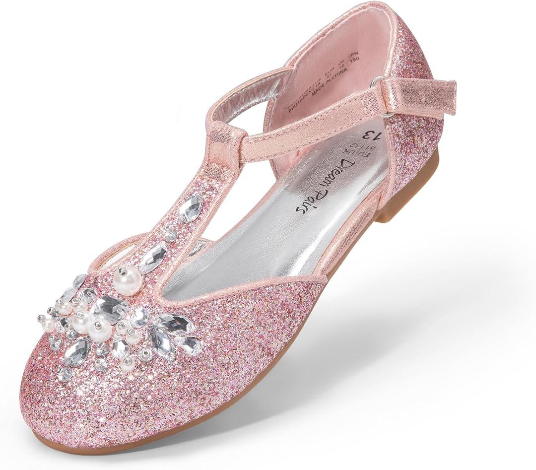 DREAM PAIRS Girls Mary Jane Dress Shoes Pearl T-Strap Party Flower Wedding Princess Flats for Toddler Little Big Kid (Pink)