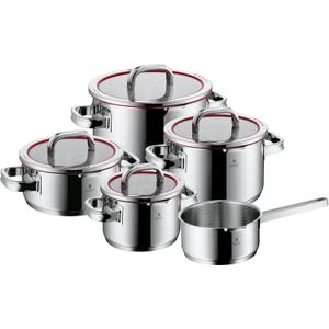 WMF Function 4 5-Piece Induction Saucepan Set, Glass Lid with 4 Pouring Functions, Polished Cromargan Stainless Steel, Induction Pots Set, Inner Scale