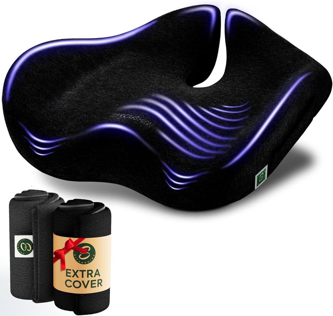 Pressure Relief Seat Cushion for Tailbone Pain  X Large Office Chair Cushion for Back Pain, Coccyx & Sciatica Pain Relief Pillow. Memory Foam Seat Cushions for Office Chairs. Extra Cover (Black)