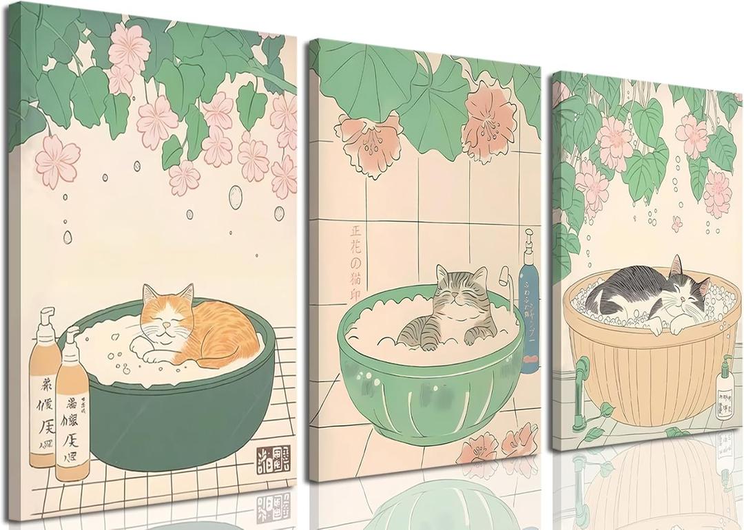 Funny Japanese Cat Bathroom Wall Art Set of 3, Cute Cat in Bathtub Wall Decor Painting, Whimsical Animal Bathroom Poster Canvas Prints Artwork for Restroom 12x16 inch Framed