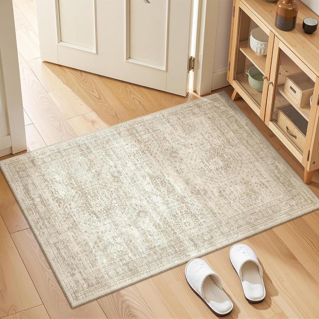 2x3 Washable Rug Runner for Bathroom, Soft Entryway Rug for Laundry Room, Kitchen, Vintage Abstract Hallway Runner for Bedroom, Anti-Slip Door Mat Indoor Entrance(2'x3', Beige/Ivory)