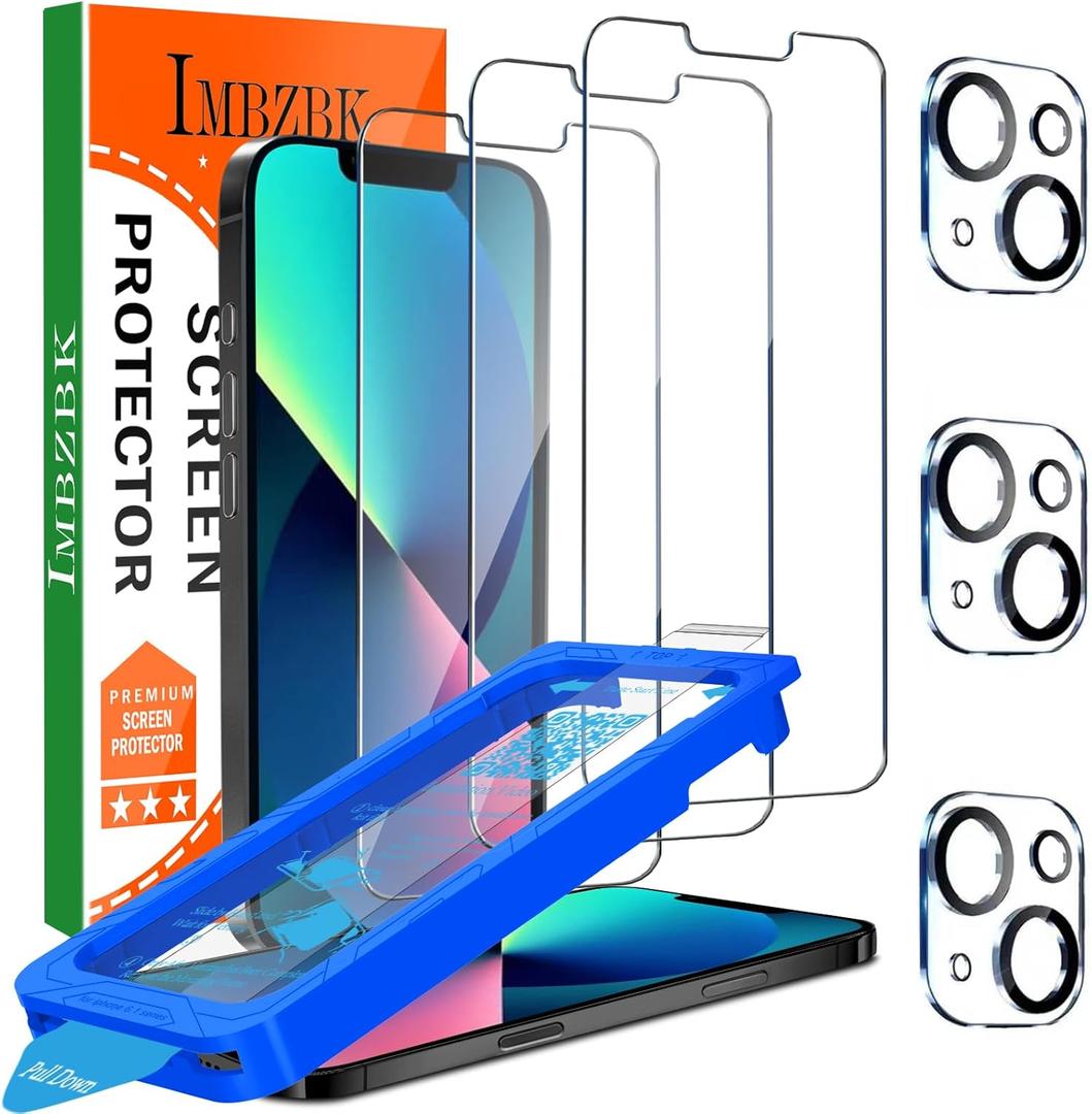 IMBZBK [Auto-Dust Removal] 3 Pack Screen Protector for iPhone 13 [6.1 INCH] Accessories, Case Friendly Film, Military Grade Shatterproof Tempered Glass 3 Camera Lens Protector, Easy Installation