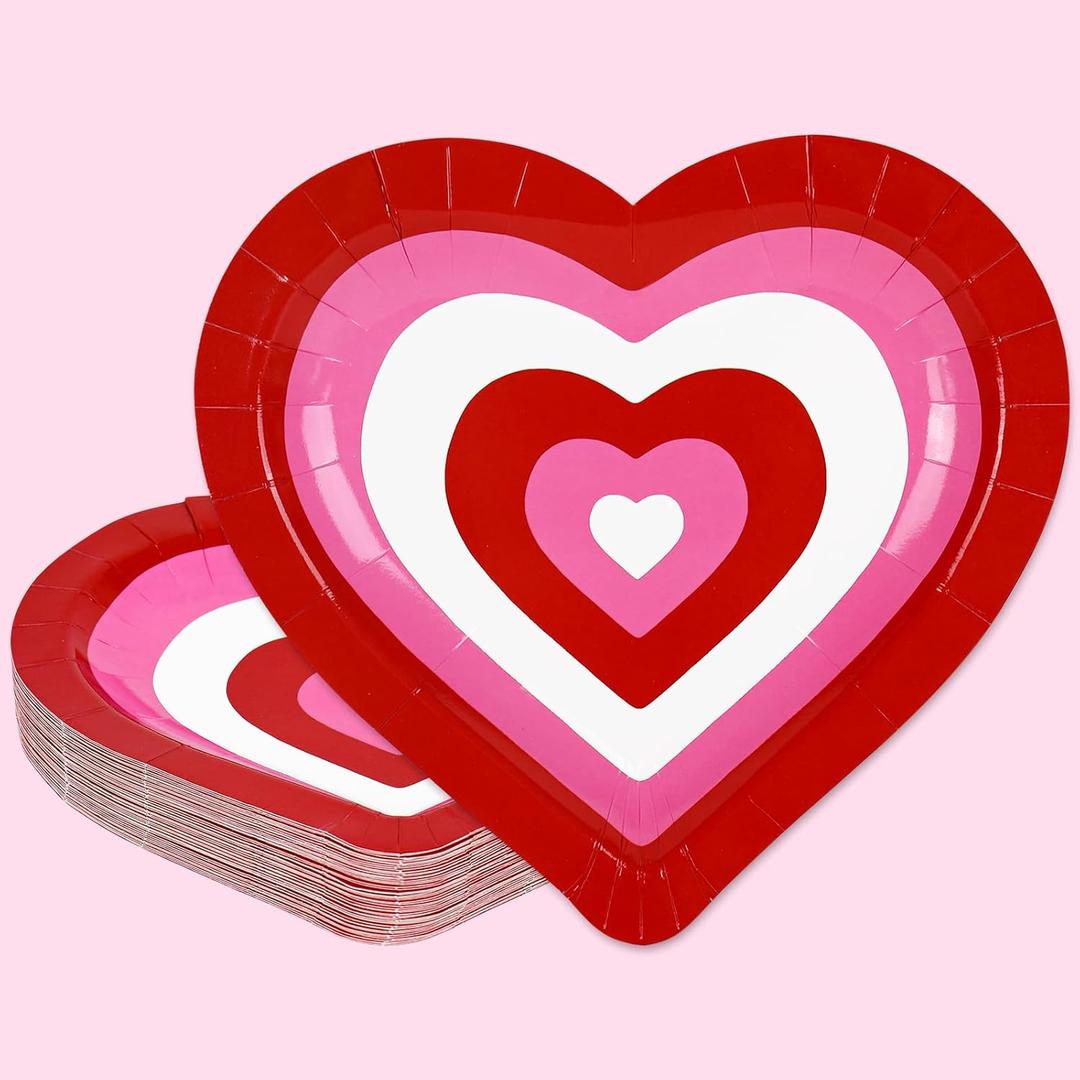 50 Pcs Valentine's Day Paper Plates Disposable Plates Red Pink Heart Shaped 8.6 x 9.3 Inch Decorative Tableware Dessert Plate for Wedding Anniversary Party Tableware Supplies