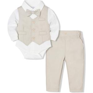Baby Boy Clothes Suits Infant Gentleman Wedding Outfit Formal Dress Shirt Vest Bowtie Pants 4Pcs Baby Suit Sets (12-18 Months, Light Beige)