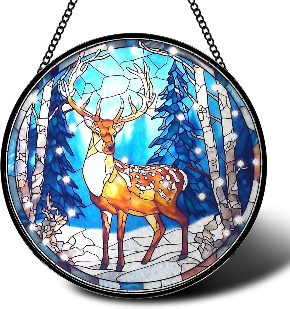 ERMCDFHC Stained Glass Window Hanging, Winter Deer in Forest Round Sun Catchers Glass Panel Suncatcher Decor for Home, 7.8Inch. (013)