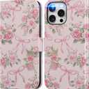 DEENAKIN for iPhone 15 Pro Max Wallet Case with Card Holder + Cash Clip, RFID-Blocking, Military-Grade Protection & UV-Printed Artwork, Magnetic Closure with Leather Stand - Pink Rose and Bows