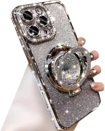 Changjia Glitter Kickstand Case for iPhone 16 Pro,Cute Luxury Bling Sparkly Diamond Rhinestone with Camera Protector Liquid Flowing Ring Stand TPU Bumper Women Girls Case for iPhone 16 Pro 6.3",Silver