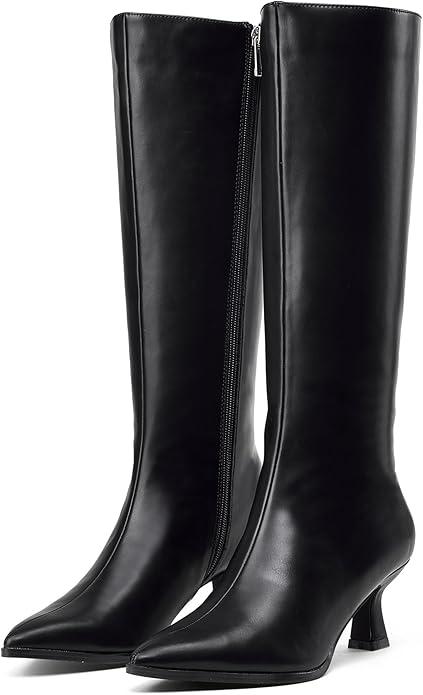 GENSHUO Knee High Boots Women Pointed Toe 2.3 Inches Kitten Heel Tall Boots Classic Fashionable Long Boots with Side Zipper (Black) 7.5
