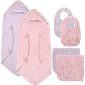 6 Pcs Baby Hooded Towels Washcloths and Bibs Set Muslin Cotton Soft Absorbent Baby Bath Towels for Boys Girls Newborn Infant Essentials(Pink, Purple)