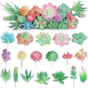 HEY FOLY 18 Pcs Artificial Succulents Mini Fake Plants Unpotted Faux Succulent, Small Plastic Succulents Assortment in Flocked Green Floral Decor for Party, Cake, Garden & Outdoor (Pink)