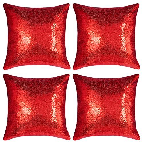 Miayon Red Square Sequin Decorative Throw Pillow Covers Cushion Case for Chair Couch Bed Sofa Bedroom Living Room Wedding Home Decor (18"x18",4 Pack)