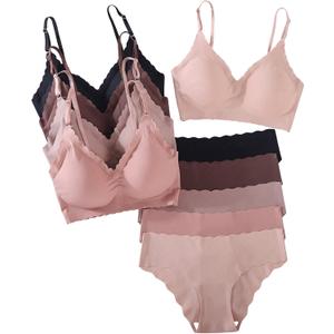 BEAUDRM Women's 5 Pack Seamless Lingerie Sets Scallop Trim Wireless Bralettes No Show Bra and Panty Sets Matching Underwear (M)