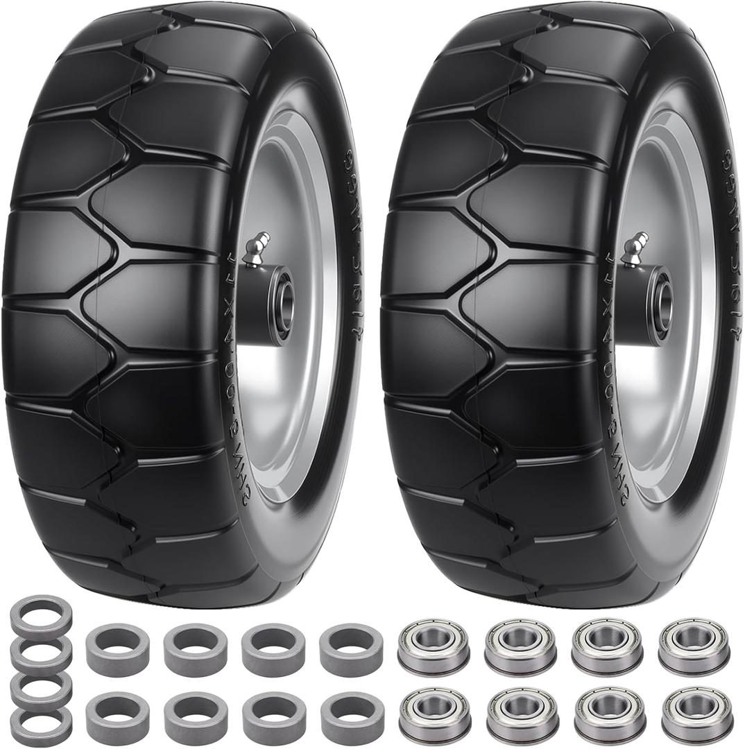 11x4.00-5'' Lawn Mower Tires Flat Free, Zero Turn Mower Front Tires, 11x4-5 Solid Tires and Wheel with 3/4" or 5/8" & 1/2" Precision Bearings, 3.4"-5.6" Centered Hub for Zero-Turn Lawn Mower (2 Pack)