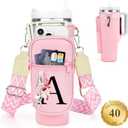 LOKASS Personalized Water Bottle Holder with Strap for Stanley Cup Accessories 40 oz, Initial for Stanley Cup Holder Carrier Bag with Phone Pocket, Stylish Tumbler Accessories Gifts for Women (Pink)