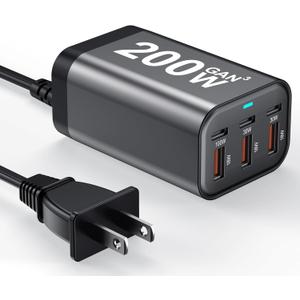 USB C Charger Block 200W Multi Port USB Fast Charging Station Hub GaN PPS PD 100W Type C Wall Charger Power Adapter for Multiple Devices Laptop iPad iPhone 17 MacBook Galaxy S26 Android Pixel DELL