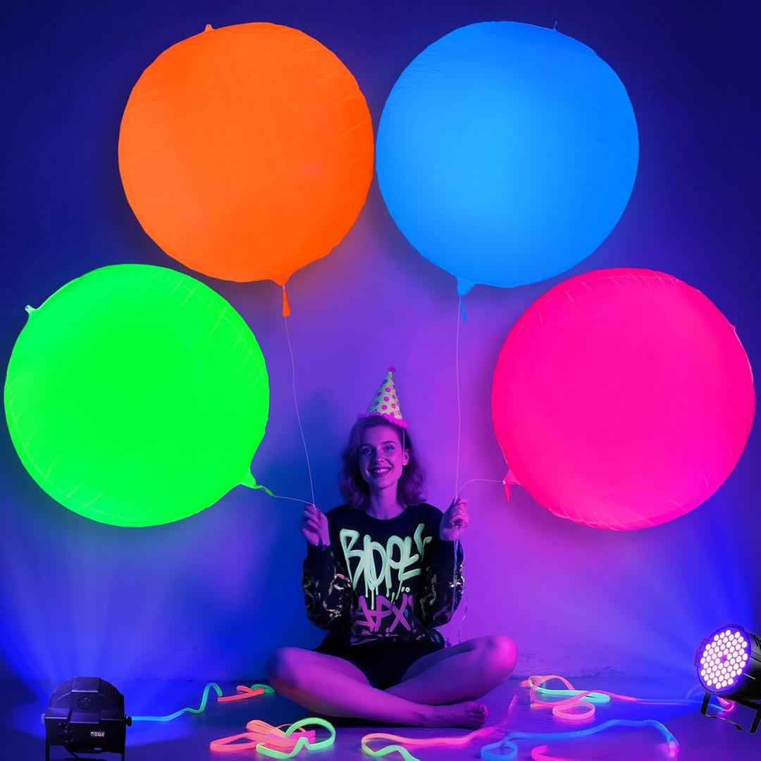 Mega-L Glow in the Dark Party Supplies,4 pcs 32 inch Round Neon Balloons for Glow Party Arches/Garlands,Glow Under Black Lights,Used for Neon Party,80s Party,Birthday, New Year Decorations