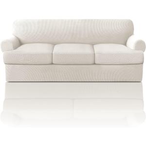 PrinceDeco T Cushion Sofa Slipcover 4 Pieces Sofa Covers for T Cushion Couch Soft Sofa Slip Covers Furniture Protector with 3 Individual T Shape Seat Covers (70"-88") Washable, Ivory
