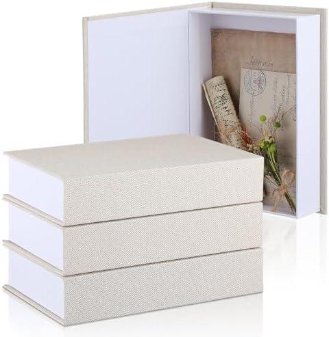 Tioncy 3 Pcs Fake Book Box Neutral Linen Book Box Decorative Faux Prop Storage for Farmhouse Home Decor shelf Table Card Photo DIY Keepsake Gift(8.6 x 6.1 x 1.8 Inch, Creamy White)