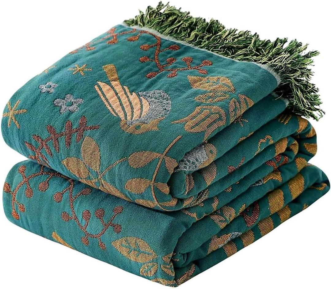 Boho Throw Blanket - 100% Cotton Soft Throw Blanket for Bed, 50"x60" Reversible Breathable Lightweight Spring Blankets, All Seasons Farmhouse Decor Floral Plant Bird Throw Quilt