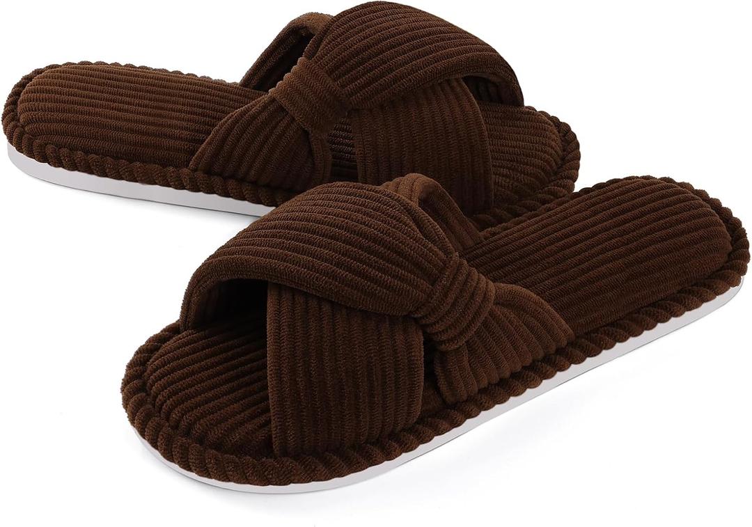 Evshine Summer House Slippers for Women Corduroy Cross Bow Indoor Slippers Open Toe Slip On Bedroom Shoes with Memory Foam (6-6.5, Brown)