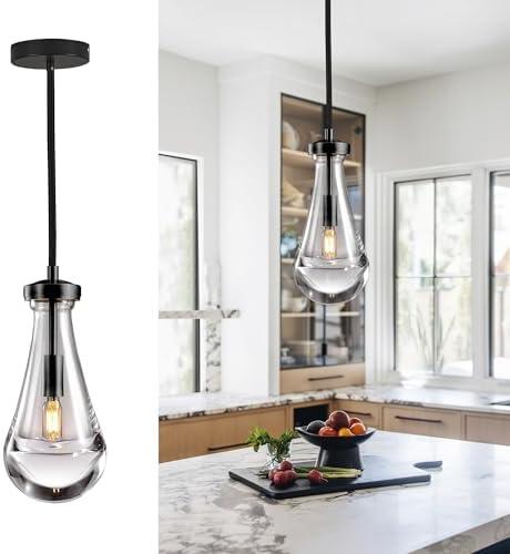 TACDANDM Raindrop Pendant Light, Black Glass Pendant Lighting, Hand Blown Teardrops Modern Hanging Light for Entryway Foyer Stairway Kitchen Island Bedroom Dining Living Room Hallway