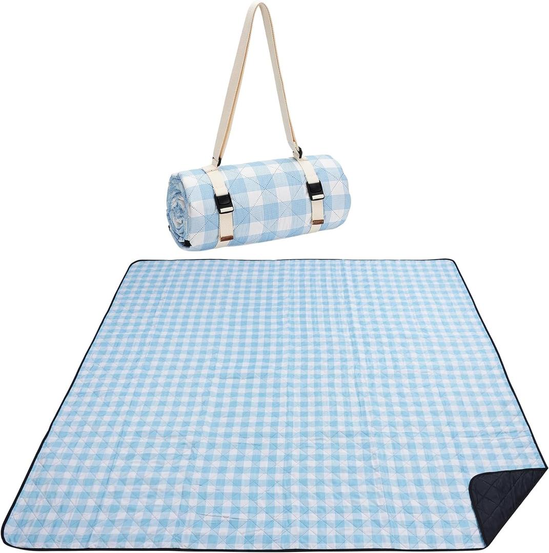 WILLOW WEAVE Picnic Blanket, 80''x80'' Waterproof Outdoor Blankets, Picnic Mat Washable for Beach, Picnic Blankets for Camping on Grass with Shoulder Strap - Blue & White