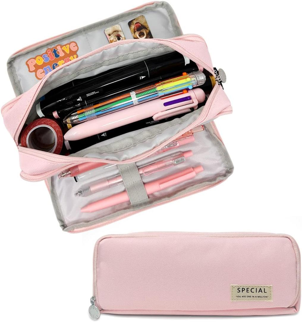 allydrew Large Capacity Pencil Case, 3 Compartment Pencil Pouch for Stationery Pens, Pink