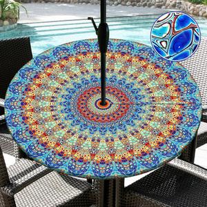 Round Outdoor Tablecloth with Umbrella Hole Waterproof Patio Table Covers Round Fitted Tablecloth with Elastic Zippered Round Outdoor Table Cloth for Picnic, Camping, Garden 36''-44''