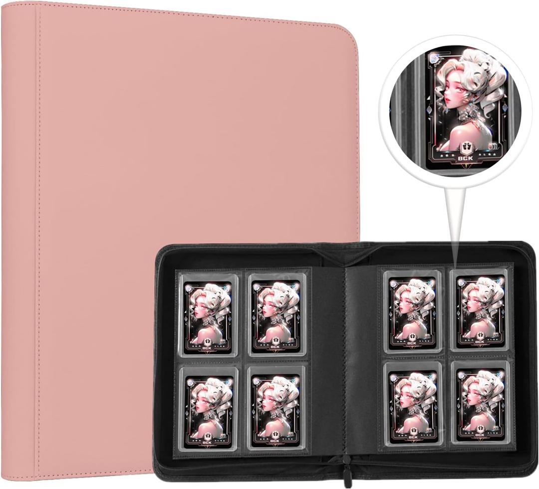 Toploader Binder,4-Pocket Double Sided Top Loaders Binder,Holds 128 Cards in 3"x4" Toploaders,PU Leather Card Binder Abulm for Toploader Trading,Sports,and Gaming Cards (Pink)