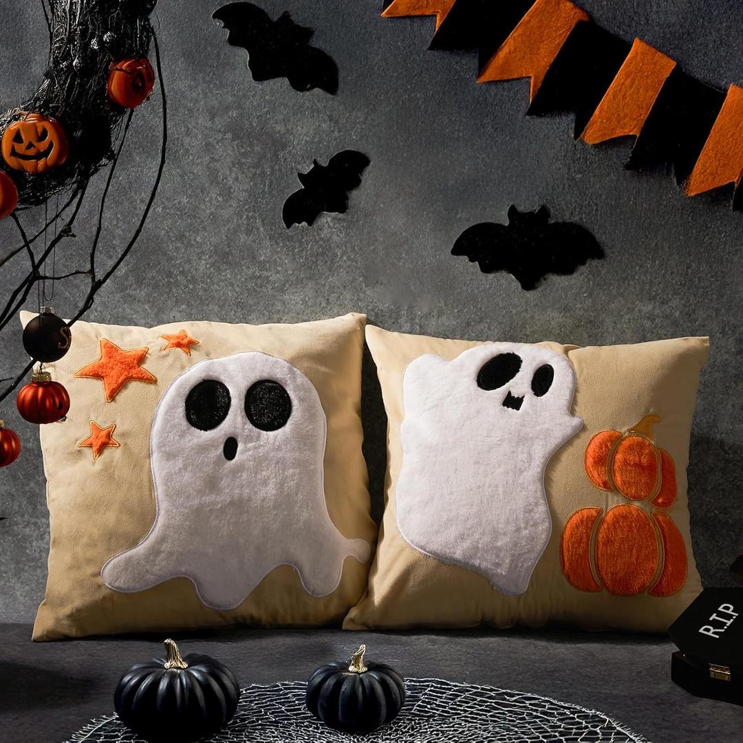 DN DECONATION Halloween Decorations Ghosts Pillow Covers 18x18 Set of 2, Ghost and Pumpkin Decor Halloween Throw Pillow Cover, Cute Soft Decorative Couch Sofa Pillows Cases Home Decor - Beige & Velvet