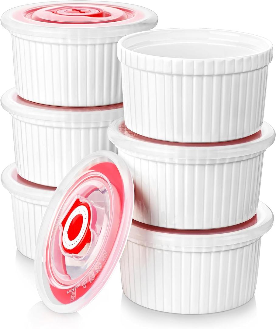 MALACASA Ramekins with Lids 8 oz - Set of 6, White Porcelain Creme Brulee Souffle Ramekins with Covers, Ceramic Custard Cups for Baking, Dishwasher and Oven Safe, Series RAMEKIN-DISH