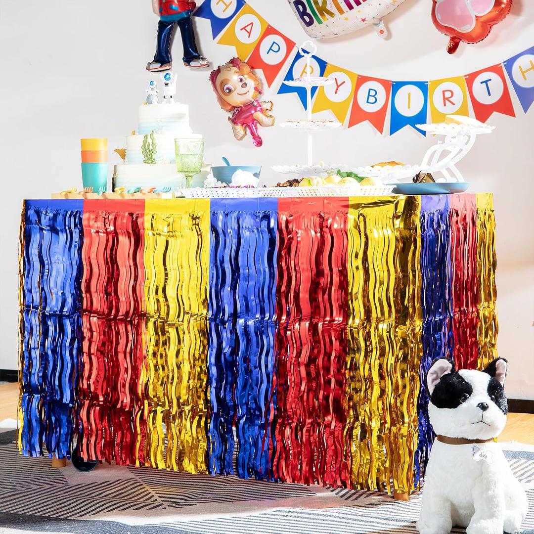 Paw Birthday Party Decorations, 2-Pack Gold Red and Blue Table Skirt Tinsel Foil Fringe Photo Booth Props Backdrop Streamers Decor for Boys Girls Baby Shower Christmas Party Supplies - 29x108 Inches