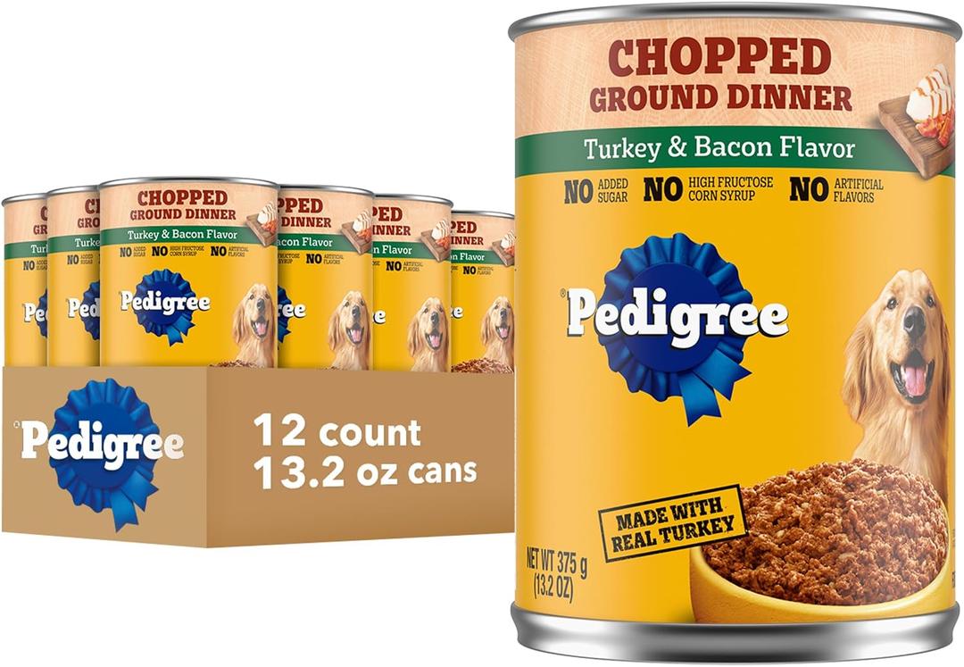 Pedigree Chopped Ground Dinner Adult Soft Wet Dog Food Turkey & Bacon Dinner, Canned Dog Food, 13.2 oz. Cans, 12 Count (EXP 04/13/28)