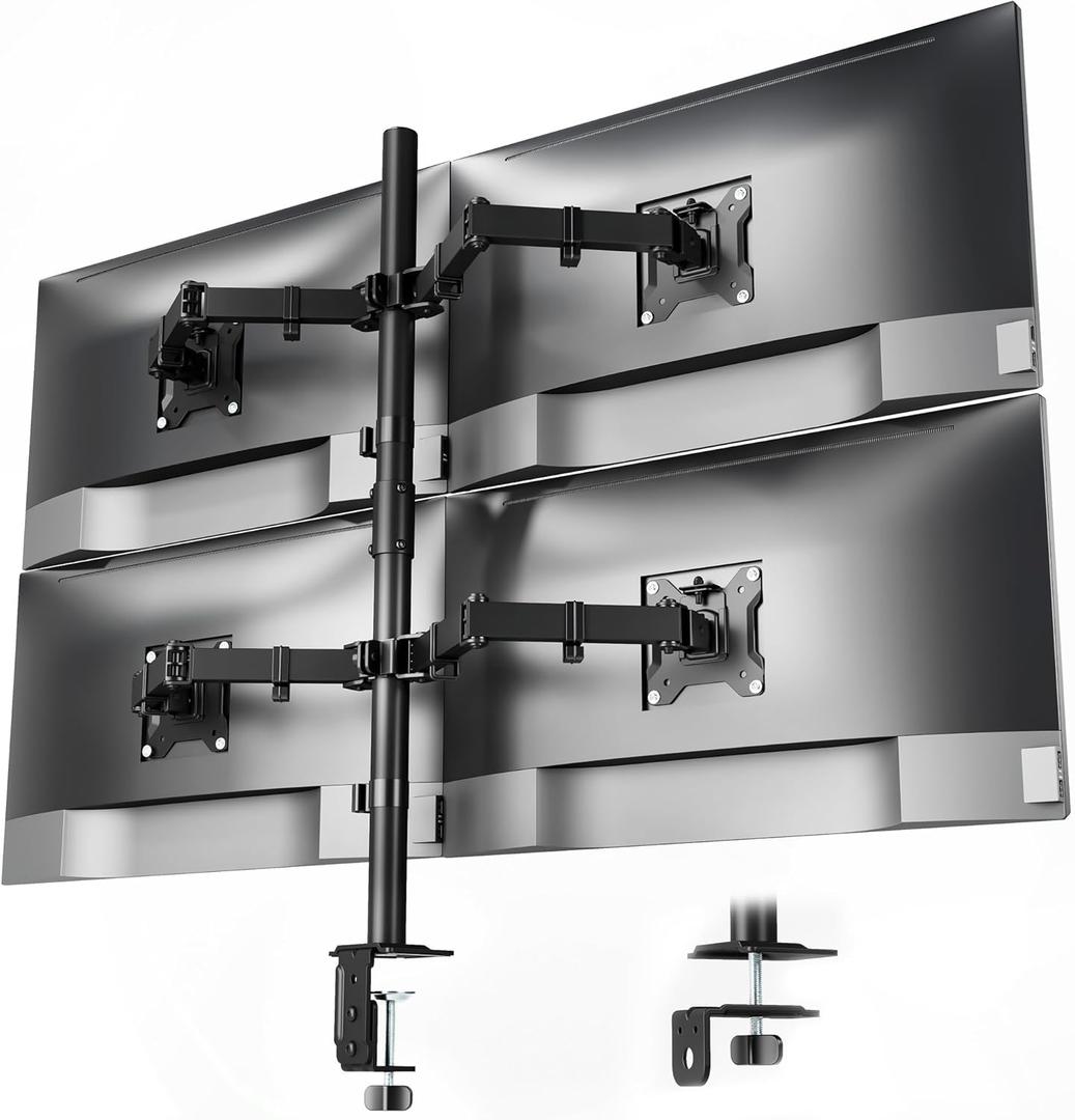 monTEK Quad Monitor Stand Mount, Fully Adjustable Desk Mount for 4 Screen up to 17-32 and 22lbs Capacity Each Arm, Stable Monitor Arm with C Clamp and Grommet Base, VESA 75x75mm/100x100mm